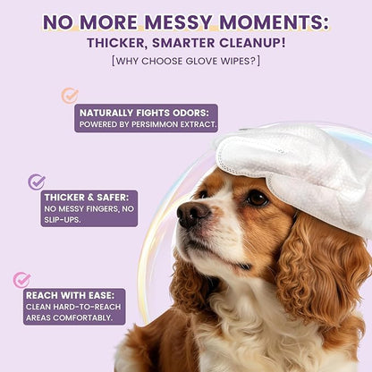 100 Pcs Cleaning Deodorizing Pet Glove Wipes for Dogs & Cats, Hypoallergenic Dog Bath Wipes with Natural Deodorizer Persimmon Tannin, Pet Bathing Wipes for Horse Coat Care Lavender Scent
