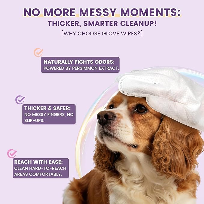 50 Pcs Cleaning Deodorizing Pet Glove Wipes for Dogs & Cats, Hypoallergenic Dog Bath Wipes with Natural Deodorizer Persimmon Tannin, Pet Bathing Wipes for Horse Coat Care Lavender Scent