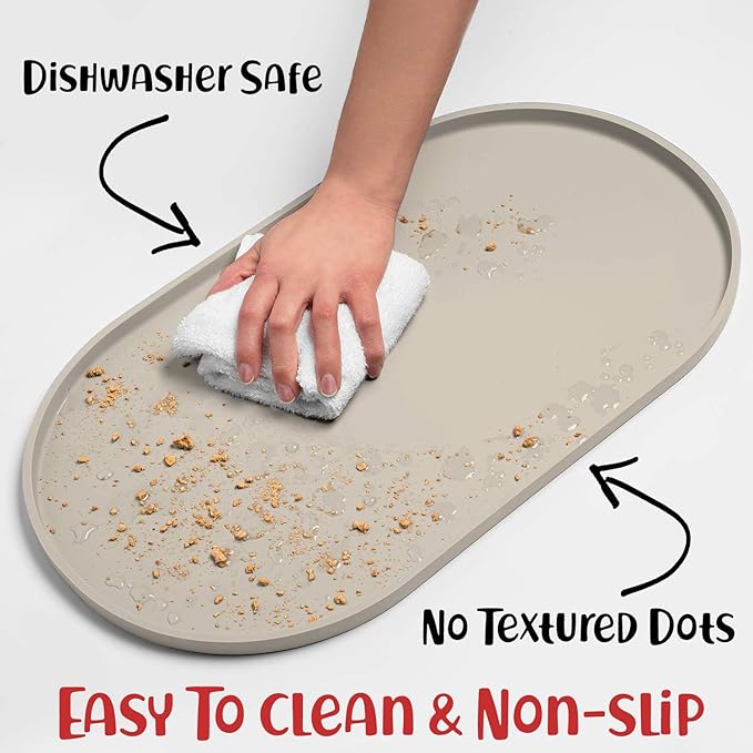 DogBuddy Dog Food Mat - Waterproof Dog Bowl Mat, Silicone Pet Mat for Food and Water Bowls, Nonslip Pet Feeding Mat with Edges, Dogs Food Mats for Floors, Puppy Supplies (Large, White Sand)