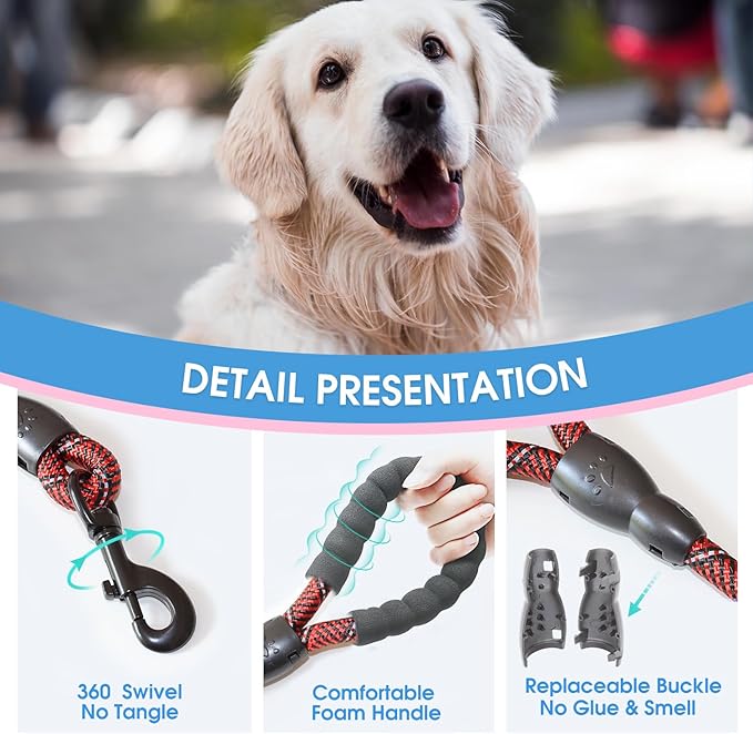 BAAPET 2/4/5/6 FT Dog Leash with Comfortable Padded Handle and Highly Reflective Threads for Small Medium and Large Dogs (5FT-1/2'', Black Red)