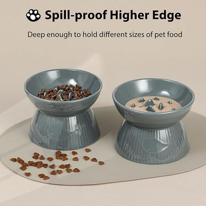 Elevated Slow Feeder Bowl for Cats and Small Dog, Stop Vomiting & Choking, Ceramic Slow Cat Bowl, Spill-Proof & Anti-Tipping, Easy to Clean, No Black Chin, Raised Pet Bowl for Dry & Wet Food