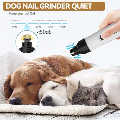 Upgraded Quiet Dog Nail Grinder, Professional 2-Speed Rechargeable Pet Nail Trimmer for Small/Medium/Large Dogs & Cats, Painless Paw Grooming with 2 Replacement Grinding Heads(M1)