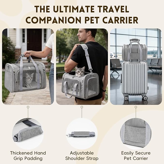 Cat Carrier Soft, Dog Carriers for Small Dogs/Large Cats (Up to 16lbs), with High Breathability, Shoulder Strap, Removable Pad, Pet Carrier Airline Approved, for Home Outdoor Travel (Gray)
