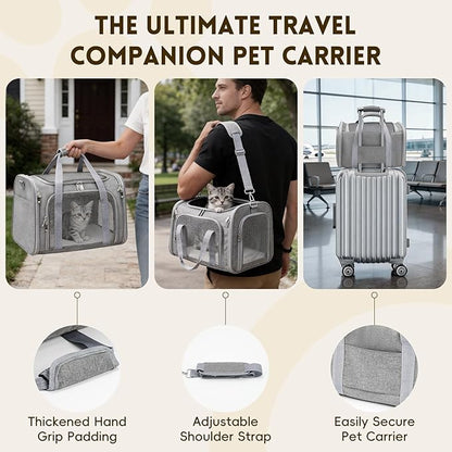 Cat Carrier Soft, Dog Carriers for Small Dogs/Large Cats (Up to 16lbs), with High Breathability, Shoulder Strap, Removable Pad, Pet Carrier Airline Approved, for Home Outdoor Travel (Gray)