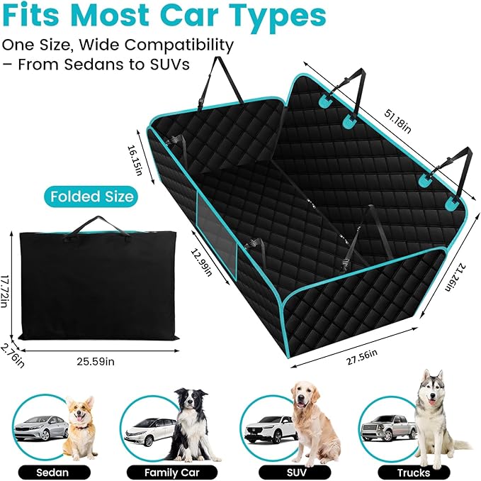 Dog Car Seat Cover for Back Seat, Car Seat Protector for Dogs, Hard Bottom Supports 450 lbs, Triple Waterproof, Non-Slip, Exclusive Zipper Design for Child Seat & Dog Seat Belt