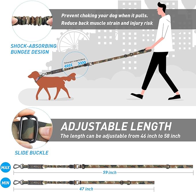 Hotsky Tactical Dog Leash Heavy Duty for Medium Large Dogs that Pull,4-6Ft Strong Bungee Shock Absorbing No Pull Dog Leash with Padded Double Handle and Car Seatbelt,CP