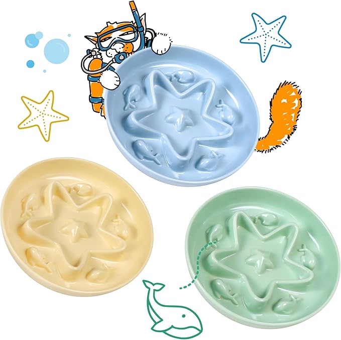 3 Pcs Cat Slow Feeder Bowl – Whisker Friendly Melamine Puzzle Feeding Cat Bowl for Slow Eating – Wet & Dry Food – Dishwasher Safe, Lightweight, Non-Slip (Blue + Buttercream + Green, 6.3'')