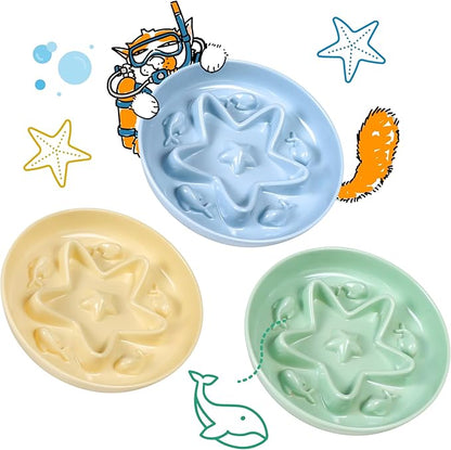 3 Pcs Cat Slow Feeder Bowl – Whisker Friendly Melamine Puzzle Feeding Cat Bowl for Slow Eating – Wet & Dry Food – Dishwasher Safe, Lightweight, Non-Slip (Blue + Buttercream + Green, 6.3'')