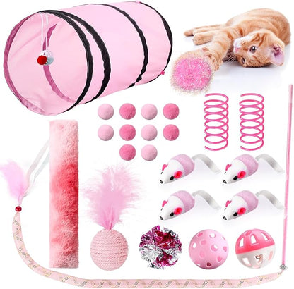 24 Pcs Cat Toys Set Interactive Kitten Toys Pack Including Collapsible Play Tunnel Feather Teaser Wand Fuzzy Ball Springs Pillow Mouse Bells for Indoor Cats Puppy(Pink)
