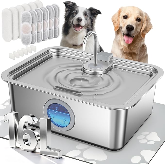 16L/4.2Gal Dog Water Fountain Stainless Steel with Silicone Mat & 4 Set Filters, DYSJ03 Dog Fountain Water Bowl for Large Dogs Cats & Multi-Pet Home, 5-Layer Filtration & Easy to Clean