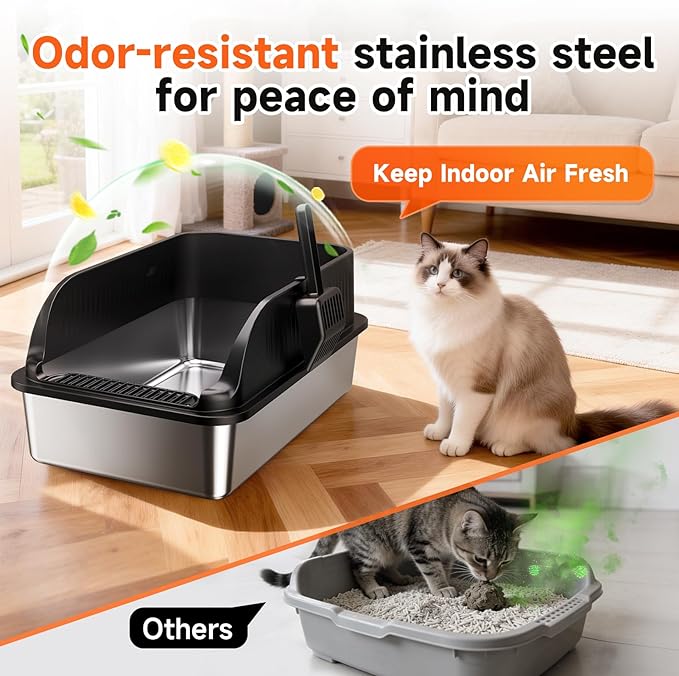 Stainless Steel Cat Litter Box, Extra Large XL Odor Free Metal Litter Box with High Sides Lid, Open Top Litter Pan Include Scoop Easy Cleaning Anti-Scratch Kitty Cat Box Anti-Urine Leakage, Non-Sticky
