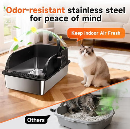 Stainless Steel Cat Litter Box, Extra Large XL Odor Free Metal Litter Box with High Sides Lid, Open Top Litter Pan Include Scoop Easy Cleaning Anti-Scratch Kitty Cat Box Anti-Urine Leakage, Non-Sticky