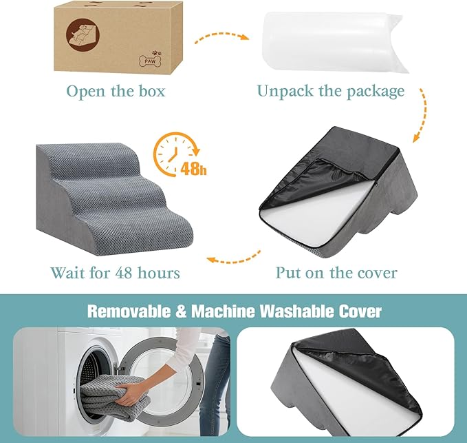 Dog Stairs for Small Dogs, 3-Step Dog Steps for Couch Sofa and Chairs, High-Density Foam Pet Steps Ramp with Removable Washable Cover for Older Injured Puppy Dogs and Cats, 13.78" H, Grey