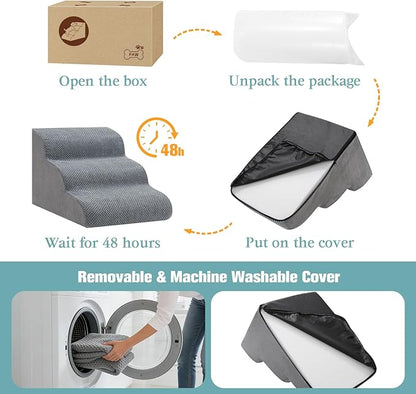 Dog Stairs for Small Dogs, 3-Step Dog Steps for Couch Sofa and Chairs, High-Density Foam Pet Steps Ramp with Removable Washable Cover for Older Injured Puppy Dogs and Cats, 13.78" H, Grey