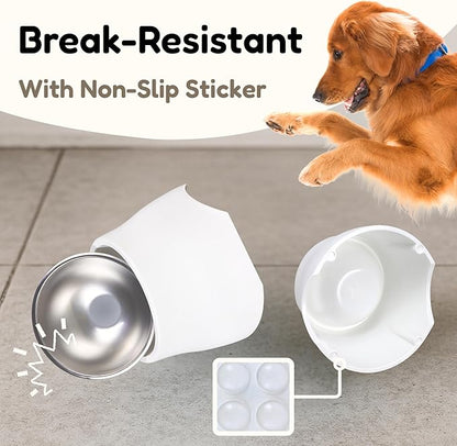 Elevated Spaniel Dog Bowl, Melamine Raised Dog Food Bowl for Long-Eared Dogs, Raised Dog Bowls for Small & Medium Dogs, Stainless Steel Inner Bowl, Non-Slip Base (White, M (420 ML / 1.5 Cups))