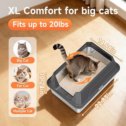 Stainless Steel Litter Box with High Sides, XL High Sided Cat Litter Pan, Open Top Extra Large Metal Cat Litter Box, Non-Stick, Odor Free, Leakproof, Scoop Included, Gray