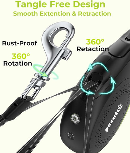 Pecute Retractable Dog Leash with Flashlight, 26ft Heavy Duty Retractable Pet Leash with Light, One-Button Control, Anti-Twist Protection, Reflective Leashes for Medium Large Pets Dogs Up to 110 lbs