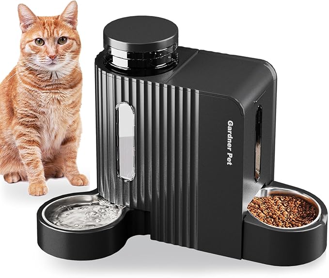 Gardner Pet Gravity Cat Food Feeder and Water Dispenser Stainless Steel Bowls Two-in-One Set Large Capacity Automatic Feeder for Pets Dogs, Puppies, Kittens-(0.8 Gallons x 2)
