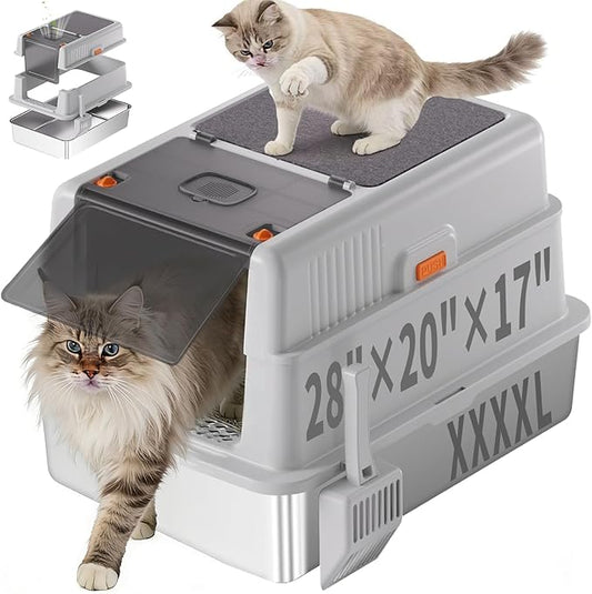XXXXL Stainless Steel Litter Box with Lid,28.0" L × 20" W × 17" H Extra Large High Sided Cat Litter Box for Multi -Cats,Enclosed Metal Litter Box with Cat Scratcher and Scoop,Grey