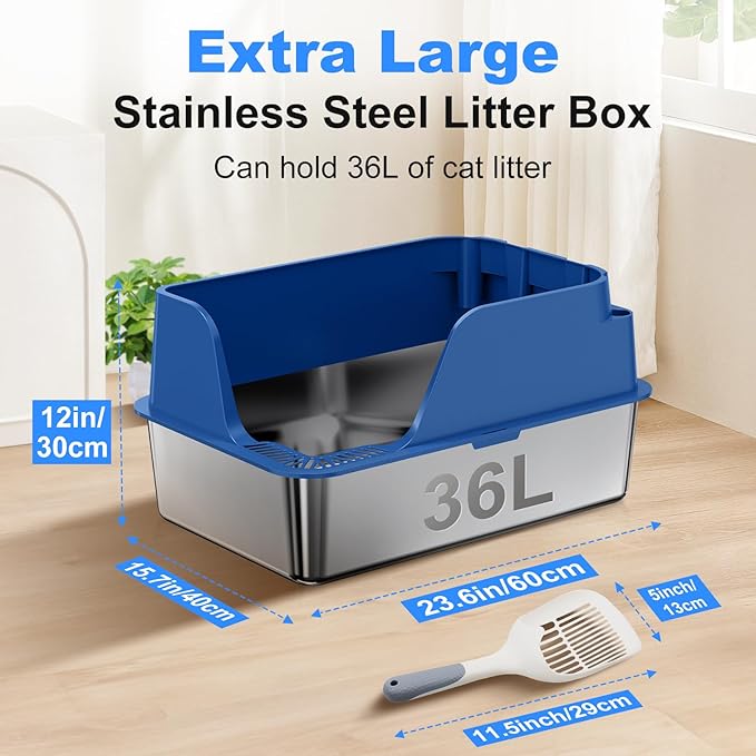 Non-stick Stainless Steel Litter Box, XL Side Opening Splash-Proof & Leak-Proof Seamless Seal, Ellenpent Large Capacity, Cat Litter Box with Lid for Multi-Cats, Large Cats, Easy-Clean & Durable (Blue)