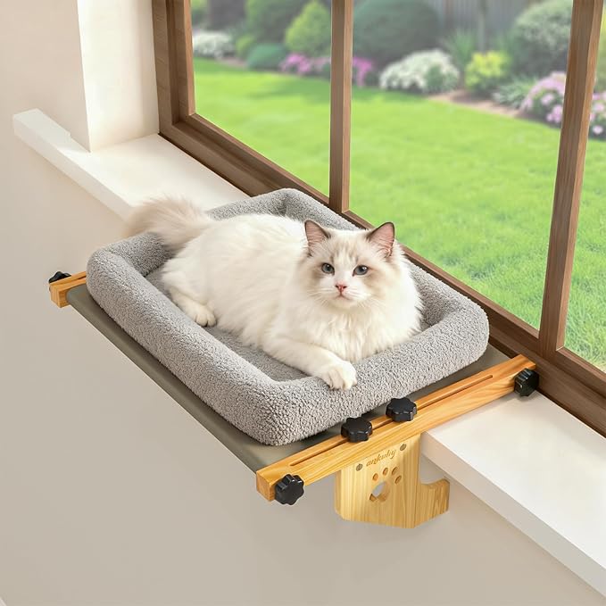 Cat Sill Window Perch Sturdy Hammock Window Seat with Cushion Bed Cover, Wood & Metal Frame for Large Cats, Easy to Adjust Cat Bed for Windowsill, Bedside, Drawer and Cabinet (M)