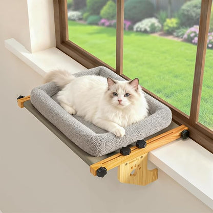 Cat Sill Window Perch Sturdy Hammock Window Seat with Cushion Bed Cover, Wood & Metal Frame for Large Cats, Easy to Adjust Cat Bed for Windowsill, Bedside, Drawer and Cabinet (M)