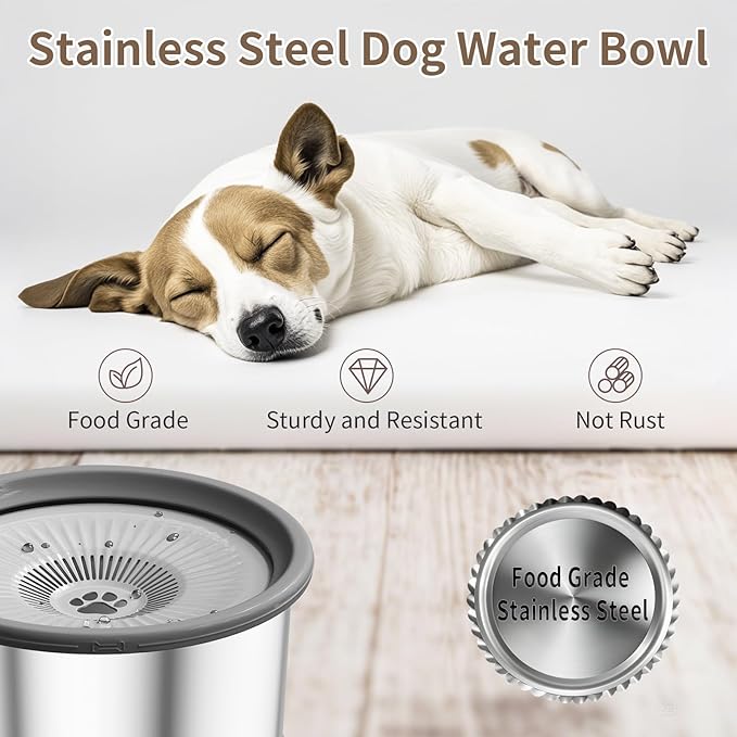 6.5L Dog Water Bowl No Spill 1.6 Gallon Stainless Steel Water Bowl with 4 Filters for Dogs 220oz Large Capacity No Splash Slow Drinking Feeder with Anti-Slip Mat for Messy Drinkers