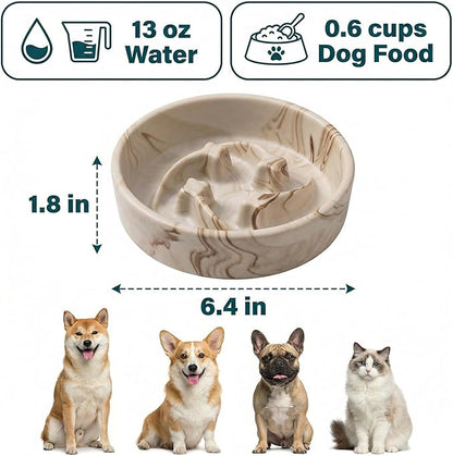 Stoneware Slow Feeder Dog Bowls Small Breed, 0.6 Cups Slow Eating Dog Bowl with Marble Pattern Design, Weighted Anti Gulping Food Bowl, Non Slip Puzzle Maze Pet Dishes for Fast Eaters, 6 inch