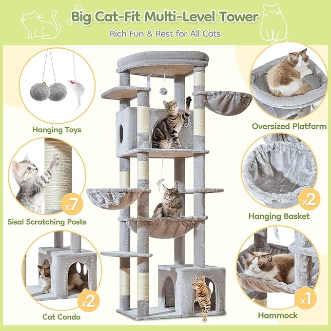Taoqimiao 72 Inch Cat Tree, XXL Cat Tower for Indoor Cats Large Adult 25Lbs+, Extra-Large Platform, 2 Cat Houses, 7 Scratching Post, Extra-Sized Durable Hammock, Cozy Basket, Light Gray, F20W