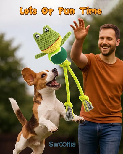 Swooflia Durable Squeaky Dog Toy - Interactive Plush Cute Frog with Rope Legs, Teeth Cleaning Tug Toy for Small Medium and Large Dogs, Puppy Chew Toy for Training and Play