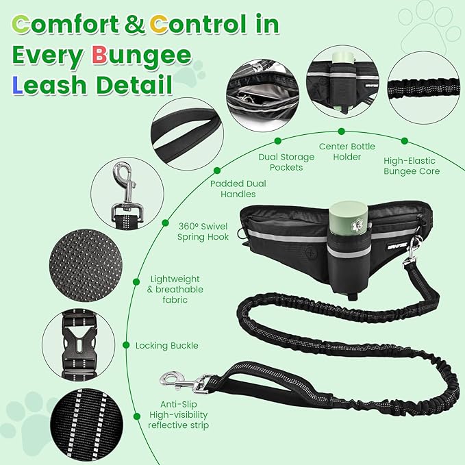 Hands Free Dog Leash with Dog Snack Waist Pack,1.4-2M Retractable Leash for Medium & Large Dogs, Waist Belt, Dual Handles, Reflective for City Walking & Running Outdoor Hiking &Travel etc.