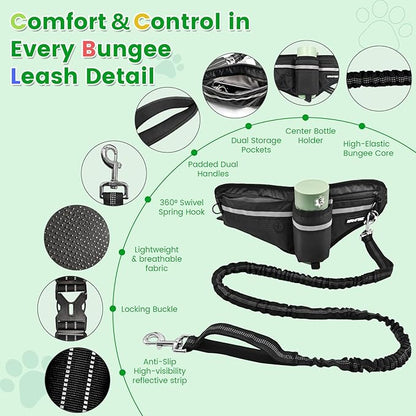 Hands Free Dog Leash with Dog Snack Waist Pack,1.4-2M Retractable Leash for Medium & Large Dogs, Waist Belt, Dual Handles, Reflective for City Walking & Running Outdoor Hiking &Travel etc.