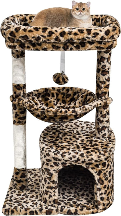 SYANDLVY Small Leopard Print Cat Tree for Indoor Cats, Cat Tower with Scratching Post, Modern Cat House with Padded Perch, Kittens Condo with Cradle, Cat Cave