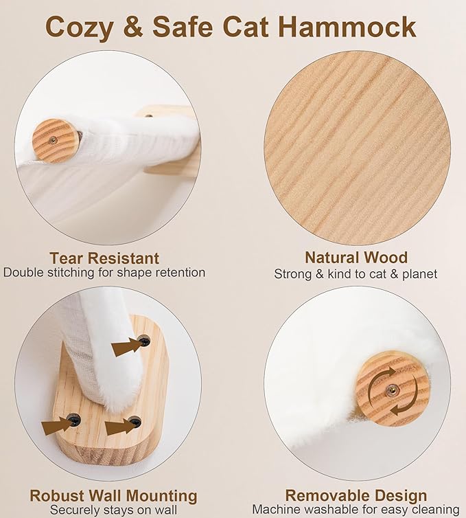 Cat Wall Shelves Set of 4, with 1 Floating Fabric Hammock, 2 Ladders with 4 Steps Each & 1 Flat Shelf – Wall Mounted Bed Furniture & Climber for Large Cats, Indoor Playground