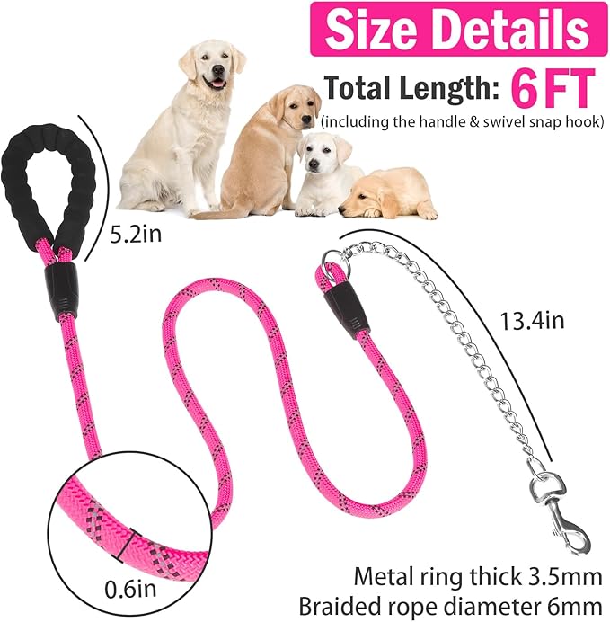 HOMIMP Chew Proof Dog Leash for Medium Large Dogs, Reflective 6 FT Heavy Duty Metal Chain Dog Leashes with Soft Padded Handle, Anti Bite Durable Rope Leashes for Pitbull, Non Chewable