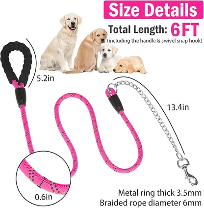 HOMIMP Chew Proof Dog Leash for Medium Large Dogs, Reflective 6 FT Heavy Duty Metal Chain Dog Leashes with Soft Padded Handle, Anti Bite Durable Rope Leashes for Pitbull, Non Chewable