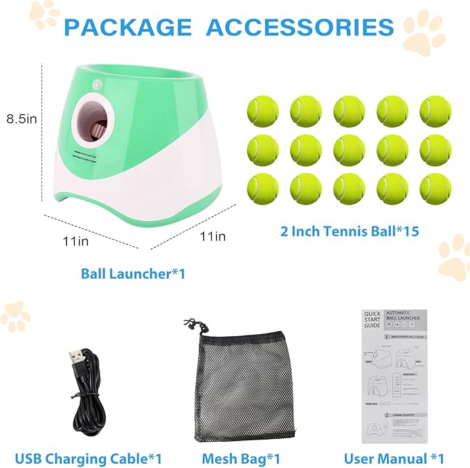 FAHKNS Automatic Dog Ball Launcher for Small Dogs, Indoor/Outdoor Interactive Dog Toy,USB Rechargeable Ball Thrower,10-30 Ft,Includes 15 Mini Tennis Balls,Green