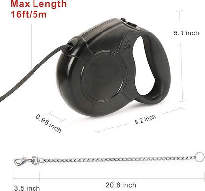 Idepet Heavy Duty Retractable Dog Leash for Small and Medium Dogs, Anti-Chewing Steel Chain 360 Degree Tangle-Free,Break and Lock System,16ft Leash for Dog Walking (Black, Flat Rope)