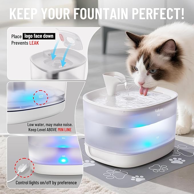 Veken Cat Water Fountain with Detachable Tank, Easy to Clean & Assemble, 84oz/2.5L Automatic Pet Drinking Dispenser with Quiet Operation & LED Light for Cats, Dogs and Small Pets, White