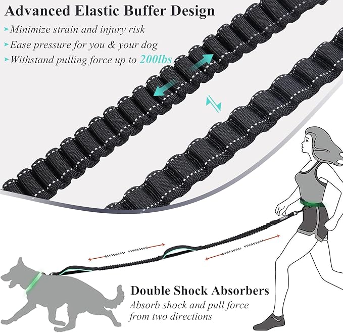 VIVAGLORY Hands Free Dog Leash Bungeetwin Running Dog Leash with Waist Belt for Running Walking & Jogging, Bungee & Around Waist for Pet, M, Black/Turquoise