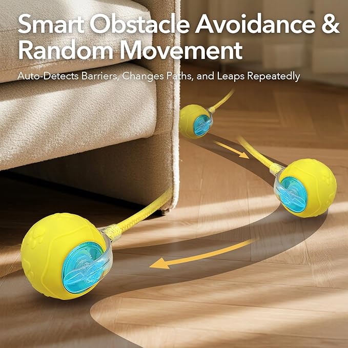 Automatic Cat Toy with Feather Tail – Interactive Moving Ball for Indoor Cats, Rechargeable Battery, Self-Play Boredom Buster for Kitten & Adult Cat, Yellow