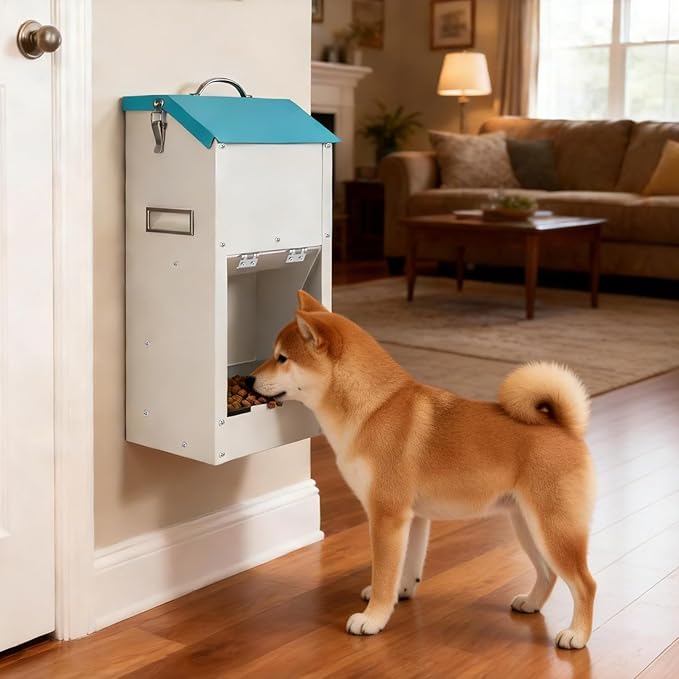 Automatic Dog Feeder Large Breed Outdoor & Indoor Galvanized Dog Food Dispenser 15lbs Wall Mountable Gravity Pet Food Station Auto Feeder Self Feeding with Clear Door for Puppy, Dog, Cat