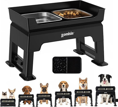 3-in-1 Raised Dog Bowl - 6 Height Adjustable Elevated Dog Bowls Stand, Double Deck Design Mess Proof, Feeding Station with 2 Stainless Steel Bowls & Licking Plate for Small Medium Large Pets