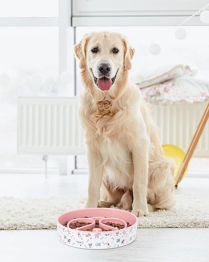 Slow Feeder Dog Bowl, Ceramic Dog Bowls 1.5 Cup Puzzle Feeder - Stops Fast Eating, Prevents Bloat, Choking & Black Chin for Medium/Large Dogs, Pink﻿