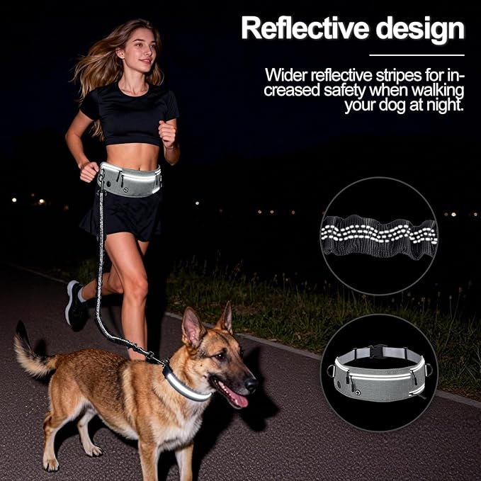 Hands Free Dog Leash with Zipper Pouch, Waist Leash for Dog Walking and Running, Dual Padded Handles, Shock-Absorbing Bungee for Medium to Large Dogs