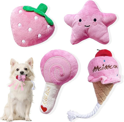 Small Dog Toys, 4 Pack Pink Dog Squeak Toys, Puppy Toys for Small Dogs, Durable Plush Dog Toy Set, Soft Dog Chew Toys for Puppies & Small Dogs, Dog Stuffed Toys Gift Pack