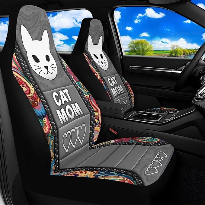 Cat Mom Car Seat Covers 2 Pcs Waterproof Front Seat Covers Boho Floral Bucket Seat Cover Car Interior Accessories for Women Men