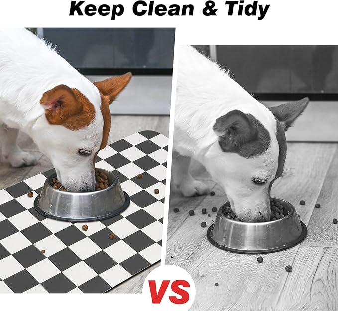 Checkered Dog Food Mat, Absorbent Leak-Proof Pet Feeding Mat, Quick Dry Cat Food Mat for Messy Drinkers 17" x 32" Black