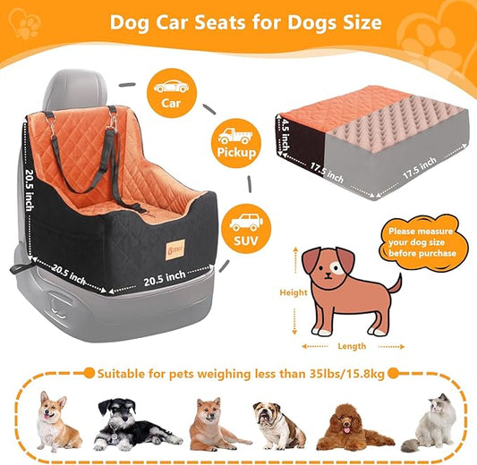 Dog Car Seat for Small/Medium Dogs Under 40lbs, Dog Booster Car Seats Memory Foam and Velvet, Detachable and Washable Pet Booster Carseats with Clip-On Satebelt and Storage Bag.(Black/Brown)