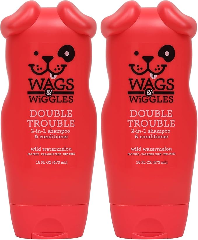 Wags & Wiggles Double Trouble 2-in-1 Dog Shampoo & Conditioner | Cleansing and Nourishing Shampoo and Conditioner for Dogs | Fruity Watermelon Scent, 16 Ounces (Pack of 2)